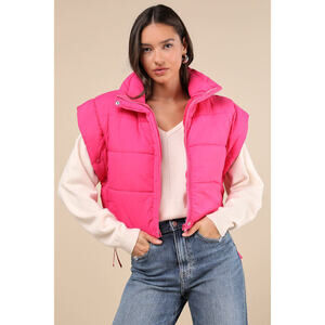 Lulus Wintertime Crush Hot Pink Quilted Cropped Side-tie Puffer Vest - Size M